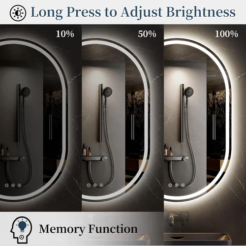 Vista 5 de Espejo LED para baño de 24 x 36 pulgadas, espejo de tocador LED ovalado con luces, antiniebla, regulable, 3
