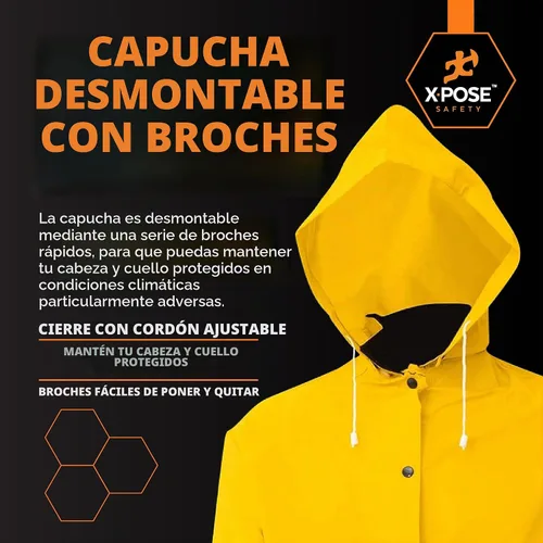 Vista 5 de Xpose Safety Chaqueta de Lluvia Pesada Amarilla de 0.35mm PVC, 122cm de Lluvia con Capucha Desmontable, Impermeable, para Pesca