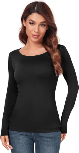 Vista 3 de AUHEGN Camiseta térmica de manga larga con cuello redondo para mujer, ajustada, camiseta térmica