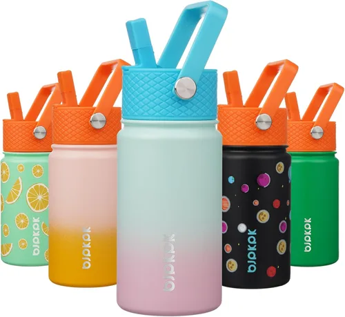 Vista 51 de BJPKPK Botella de agua con tapa con pajilla, botella de agua aislada de 15 onzas, botellas de agua de metal de acero inoxidable, termo reutilizable