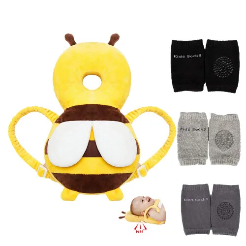 Feidoog Mochila protectora de cabeza de bebé con 3 rodilleras de bebé para caminar y gatear abeja