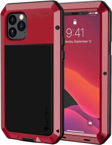 Vista 9 de Lanhiem Funda de metal para iPhone 11, resistente a los golpes, resistente a los golpes, con protector de pantalla de vidrio integrado, funda Negro