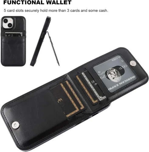 Vista 4 de KIHUWEY Compatible con iPhone 15 Funda Cartera con Soporte para Tarjeta de Crédito, Tapa de Cuero Premium con Cierre Magnético y Función Atril