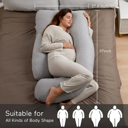 Vista 4 de Momcozy Almohadas de embarazo en forma de U con funda extraíble de algodón, almohada de cuerpo completo de 57 pulgadas, soporte de maternidad