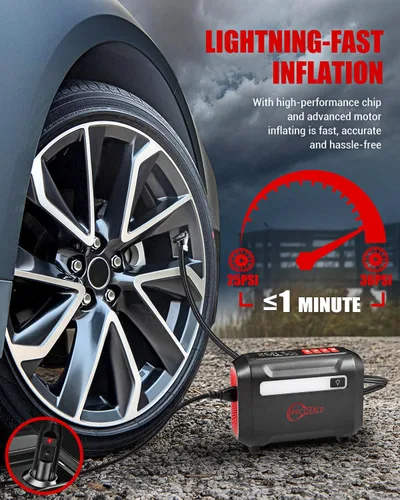 Vista 2 de ROCGORLD Compresor de aire portátil para inflado de neumáticos R8, compresor de aire DC de 12 V portátil con pantalla digital doble grande, bomba