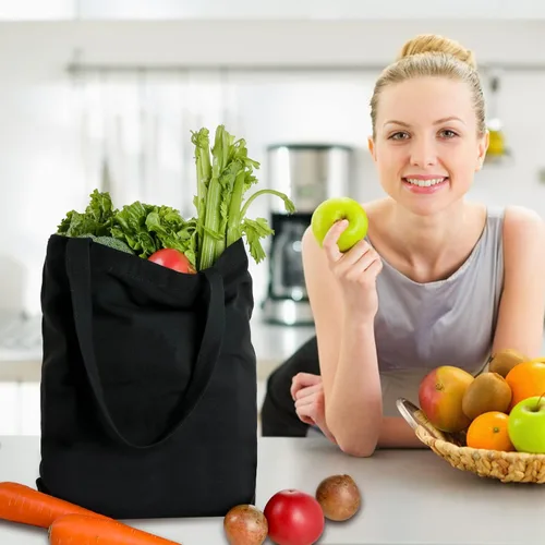 Vista 3 de Bolsas de lona, 2 bolsas de mano, multiusos, reutilizables, en blanco, para uso en bolsas de comestibles, bolsas de compras, bolsas de regalo