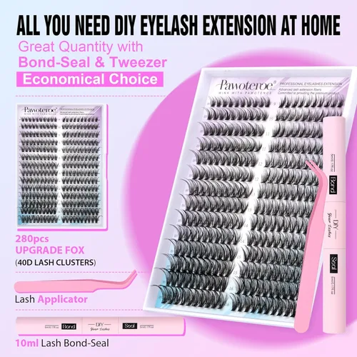 Vista 44 de Kit de extensión de pestañas Pawotence DIY 280 piezas, racimos de pestañas, kit de extensión de pestañas, 9-16mm, 30D, 40D, pestañas individuales