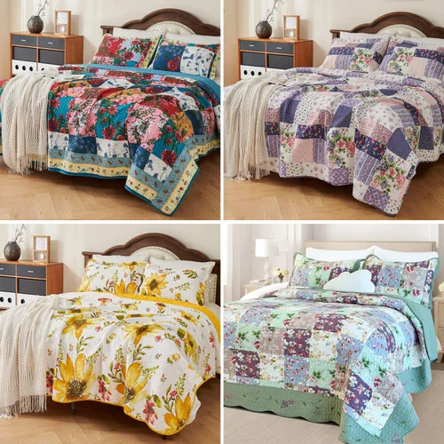 Vista 8 de EVENHUG Juego de edredón de retazos de 100% algodón, tamaño King, ligero, floral, juego de ropa de cama, colcha reversible con fundas de almohada