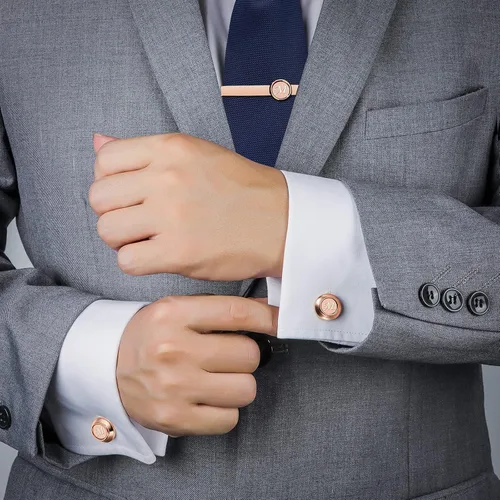 Vista 3 de AMITER Juego de gemelos y clip de corbata con inicial para hombres, barra de corbata de oro rosa con letras A-Z y camisa, gemelos para boda