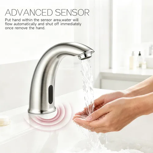 Vista 2 de Grifo de lavabo de baño sin contacto, sensor de movimiento automático, manos libres, con placa de cubierta de orificio y válvula de agua de mezcla