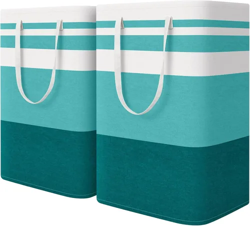 Vista 17 de HomeHacks Paquete de 2 cestas grandes para la lavandería, impermeable, cesta de lavandería independiente, cesta de ropa alta plegable con asas Azul