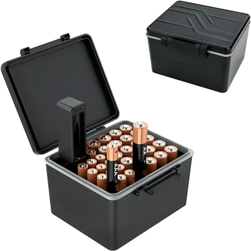JJC Estuche rígido para batería AA AAA con probador, organizador de almacenamiento de batería de 34 ranuras para 20 pilas AA y 14 AAA, resistente al