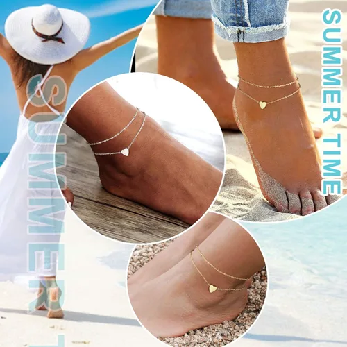 Vista 2 de ChainsPro - Tobillera ajustable de plata de ley S925 para mujer, pulsera de tobillo con corazón, luna, esposas, joyería para verano, acero