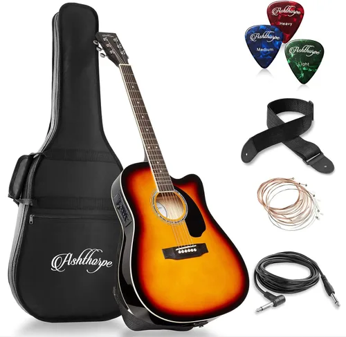 Vista 9 de Ashthorpe - Paquete de guitarra electroacústica estándar con diseño delgado con corte - de madera Tonewood de primera calidad