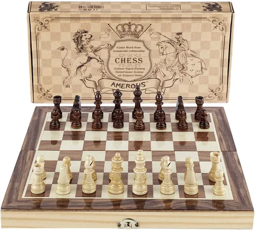 Amerous Chess Set, 12"x12" Folding Wooden Standard Travel International Chess Board Game Set with Magnetic Crafted Pieces For 2 Players