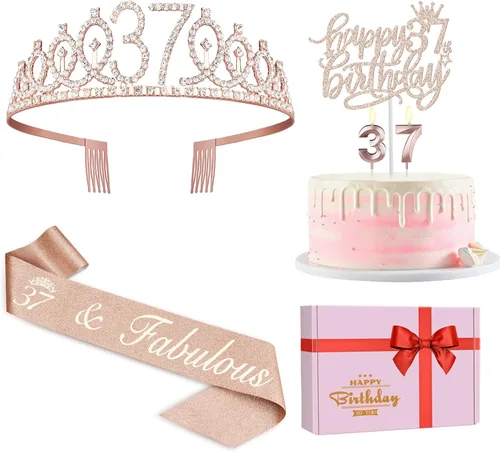 Vista 37 de Decoraciones de cumpleaños de 38 años para mujeres, incluyendo banda de cumpleaños, tiara/corona, velas numéricas y decoración de pastel, regalos