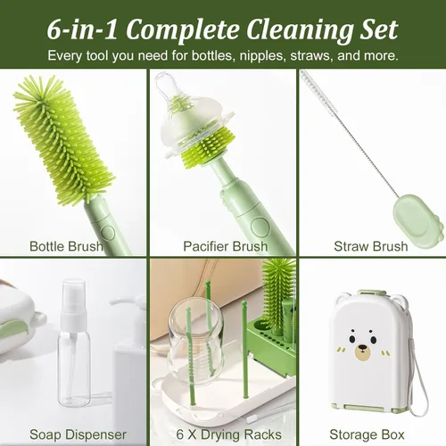 Vista 4 de Kit limpiador de biberones de viaje con estuche de almacenamiento, juego de cepillos compactos 6 en 1 para alimentación infantil, piezas