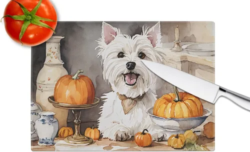 Vista 4 de Caroline's Treasures DAC1823LCB Westie Fall Kitchen Pumpkins Glass Cutting Board Large Decorative Tempered Glass Kitchen Cutting and Serving Board