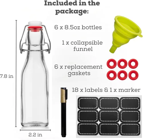 Vista 3 de WILLDAN Juego de 6 botellas de vidrio con tapa abatible de 8.5 onzas, botellas de cerveza con tapa abatible para kombucha, kéfir, extracto