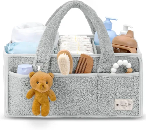 Sweety Fox Organizador de Pañales para Bebé con Asa - Cesta Portátil Sherpa para Guardería - Organizador de Pañales para Coche, Caddy de Limpieza,