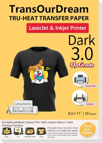 TransOurDream Papel de transferencia de calor para planchar para camisetas oscuras (10 hojas de 8.5 x 11, oscuro 3.0) vinilo HTV imprimible para