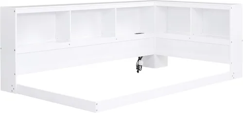 Vista 250 de Quarte Elegante cama de plataforma con estanterías en forma de L, cama de plataforma de madera tamaño individual con 2 cajones de almacenamiento