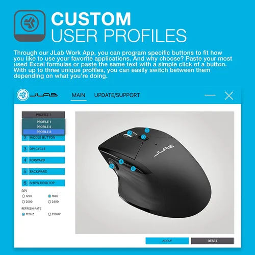 Vista 3 de JLab, JBuds, ratón inalámbrico, Bluetooth, dongle USB, multidispositivo