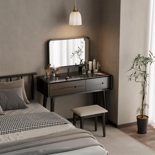 Tocador de madera maciza con espejo y luces, brillo ajustable, tocador de maquillaje de madera con 3 cajones, semiensamblado, escritorio de tocador