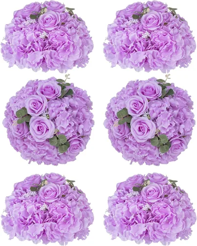 Vista 7 de BLOSMON Bolas de Flores Artificiales Centros de Mesa de Boda 2 Piezas 11.8" Lila Flores Falsas Rosa Hortensia Arreglo de Bolas Centro de Mesa