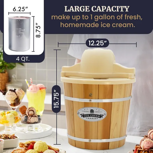 Vista 8 de Elite Gourmet Maxi-Matic EIM-924L Máquina para hacer helados eléctrica de 4 cuartos estilo antiguo, cubeta de pino