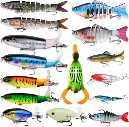Vista 11 de TSKS Kit de Señuelos Artificiales de Pesca Mixto Incluyendo Minnow de Aleta de Buceo Frontal, Popper de Superficie, Cebos de Manivela, Lápiz VIB