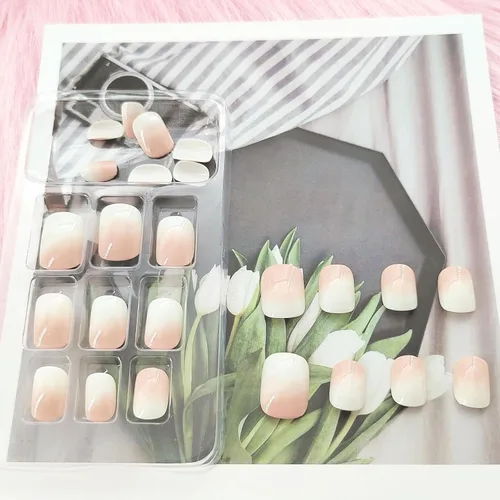 Vista 81 de Uñas postizas a presión de mariposa - Uñas falsas cortas cuadradas con diseños en relieve 3D, punta francesa blanca, acabado mate, acrílico rosa