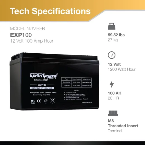 Vista 2 de ExpertPower Paquete de 2 baterías de plomo selladas AGM de energía eólica solar de 12V 100Ah