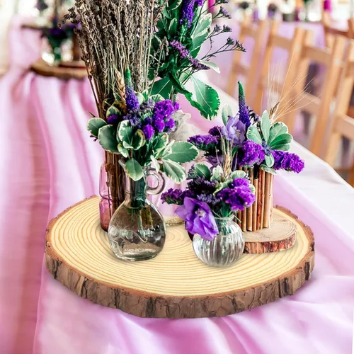 Vista 5 de 3 piezas de rebanadas de madera natural de 10 a 12 pulgadas, círculos de madera de pino sin terminar con cortezas para posavasos, manualidades