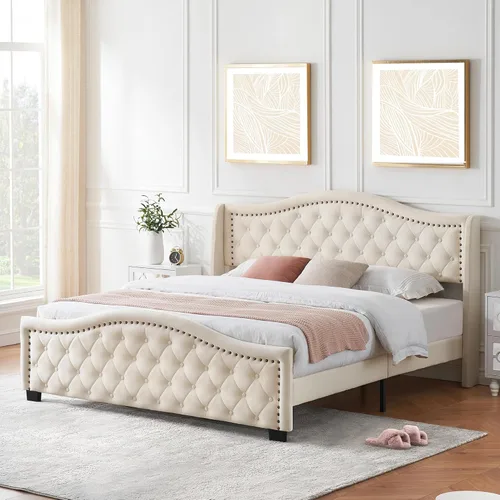 Vista 10 de Base de cama de plataforma tapizada tamaño Queen con cabecero alto de 47.2 pulgadas, cama Queen con botones de terciopelo y cabecera con alas