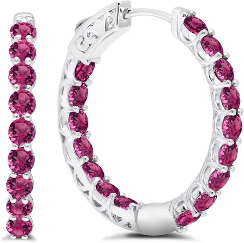 Gemstone Inside Out Hoop Earrings for Women in 925 Sterling Silver 1 Inch Diameter and 3mm Birthstone with Notched Post with Lock by MAX + STONE