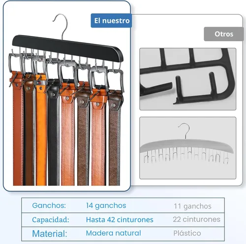 Vista 3 de Percha de cinturón para armario Max 42 cinturones, accesorios de armario de madera resistente con 14 ganchos, organizador de cinturón