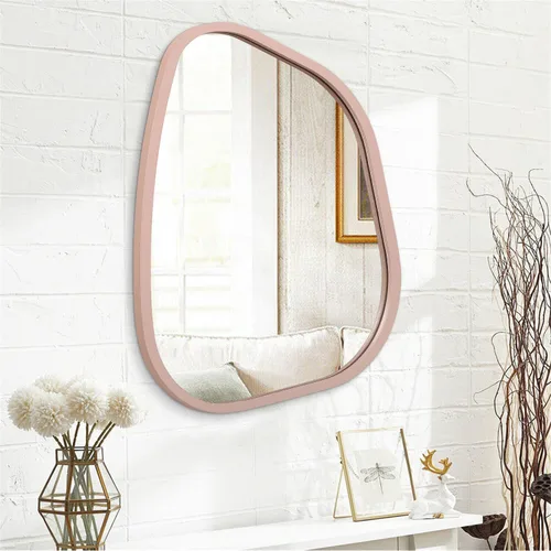 Vista 2 de Espejo de pared irregular de 26 x 18 pulgadas, espejo de baño grande asimétrico con marco de madera, espejos decorativos artísticos modernos