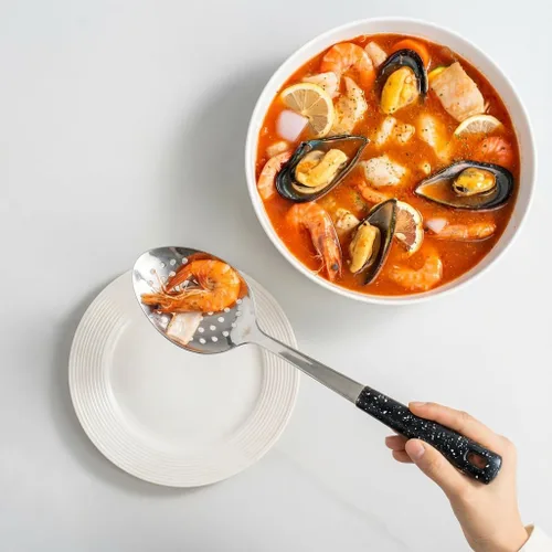 Vista 2 de Juego de 5 cucharas de servir de acero inoxidable, cucharas grandes para servir con cucharón y cuchara ranurada, cucharas de metal para cocinar