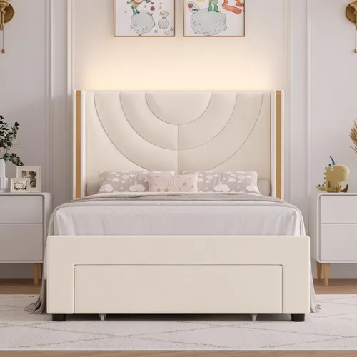Vista 10 de HITHOS - Base de cama LED tapizada con 2 cajones de almacenamiento, cama de plataforma de terciopelo con cabecera con alas laterales, listones