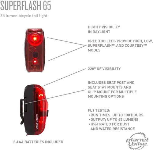 Vista 8 de Planet Bike Superflash 65 - Luz trasera para bicicleta, color rojo y negro