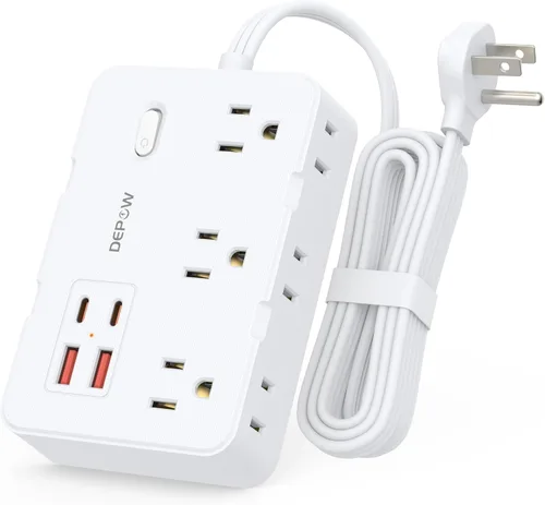 Vista 13 de DEPOW Regleta protectora de sobretensiones con enchufe plano, cable de extensión de 3 pies con 6 salidas de CA, 4 puertos USB, protección contra