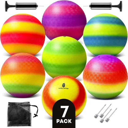 Paquete de 7 pelotas de juego (8.5 pulgadas) – Juego de pelota de dodgeball y kickball para niños, incluye 2 bombas, 4 pines, bolsa de malla – juego