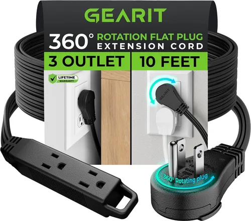 Vista 30 de GEARit Cable de extensión corto con enchufe plano giratorio de 360° y 3 tomas (2 pies, gris) 16AWG/13A Cable de 3 clavijas, Protector de toma