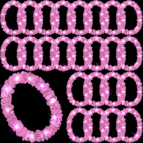 Vista 28 de Sherr 24 piezas de collar de flores Leis hawaianas con luces LED, para playa, tropical, carnaval, fiesta, suministros de boda, Luau para bailes