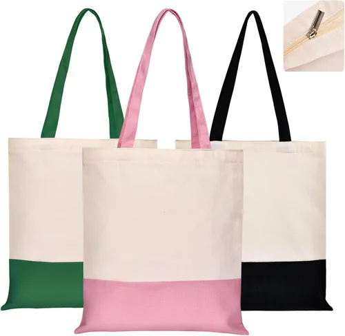 Vista 10 de Bolsa de lona con cremallera y bolsillo interior, bolsas de compras reutilizables para comestibles, bolsa de mano de moda