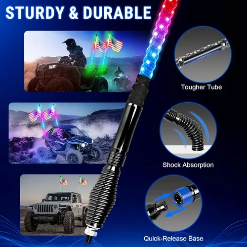 Vista 5 de Luces Whip Uemicip 2PCS 2FT Luces Whip LED RGB en Espiral para UTV, con Base de Resorte App y Control Remoto Inalámbrico RF, Antenas Whip Iluminadas
