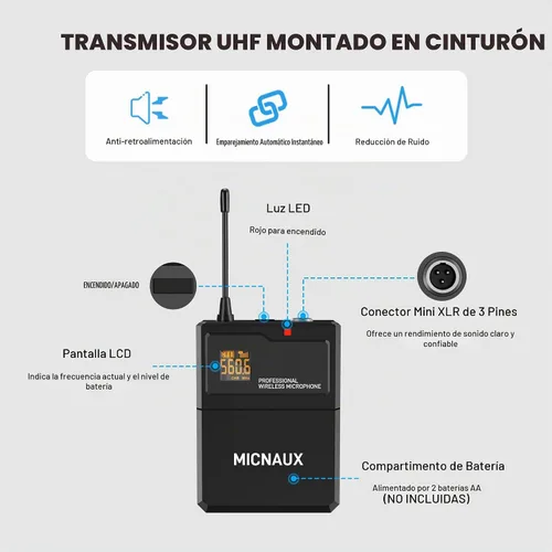 Vista 3 de Sistema de micrófono inalámbrico de solapa con auriculares y micrófonos Lavalier, juego de micrófonos UHF Pro de 4 canales con transmisor de paquete