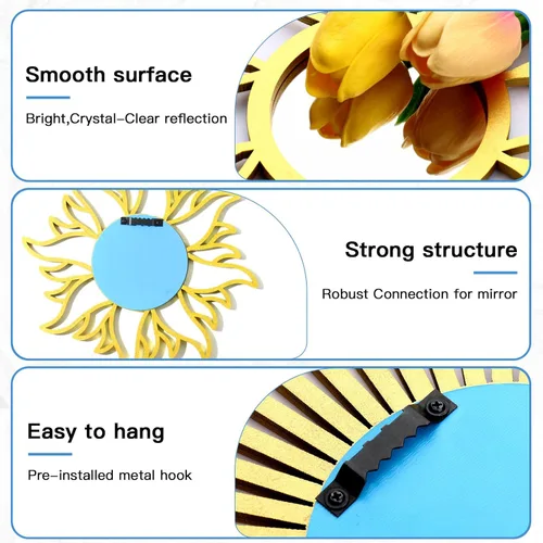 Vista 6 de 3 espejos redondos dorados para decoración de pared, espejos de pared de madera para decoración del hogar (dorado)