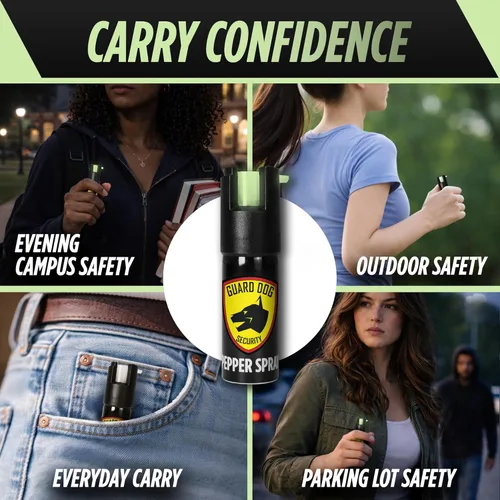 Vista 6 de Guard Dog Security Spray de pimienta que brilla en la oscuridad, liberación rápida, tinte UV, parte superior giratoria, tamaño compacto, fórmula